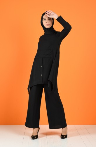 Aerobin Fabric Button Detailed Tunic Trousers Double Suit 5323-02 Black 5323-02