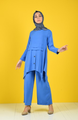 Aerobin Fabric Button Detailed Tunic Trousers Double Suit 5323-07 Blue 5323-07