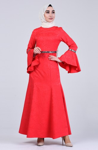 Kolları Volanlı Jakarlı Elbise 60126-10 Kırmızı