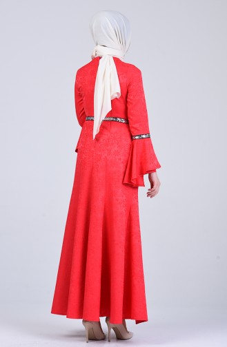Kolları Volanlı Jakarlı Elbise 60126-10 Kırmızı