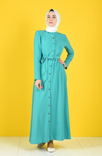 Düğmeli Kuşaklı Elbise 60131-01 Yeşil