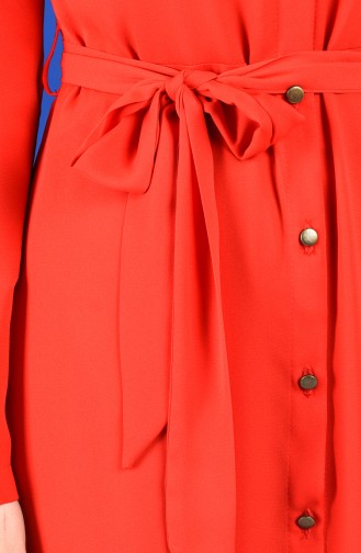 Düğmeli Kuşaklı Elbise 60131-02 Kırmızı