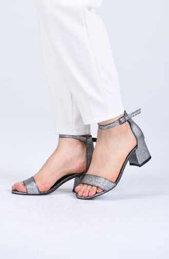 Bayan Bant Detaylı Topuklu Ayakkabı 0017-07 Gümüş Zen