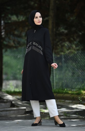 Strass Printed Medium Length Abaya Black 8131-01