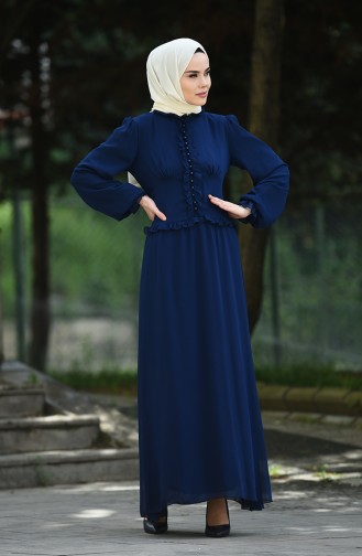 Navy Blue Hijab Evening Dress 8107-11