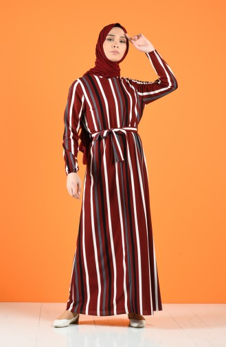 Elastic waist Striped Dress 8056-05 Burgundy 8056-05