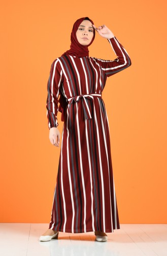 Beli Lastikli Çizgili Elbise 8056-05 Bordo