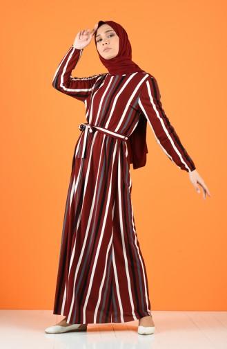 Beli Lastikli Çizgili Elbise 8056-05 Bordo
