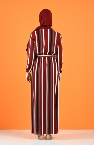 Beli Lastikli Çizgili Elbise 8056-05 Bordo