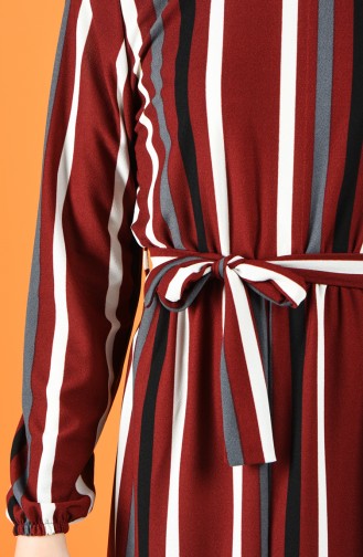 Beli Lastikli Çizgili Elbise 8056-05 Bordo