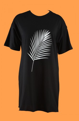 Baskılı Uzun Tshirt 7021-01 Siyah