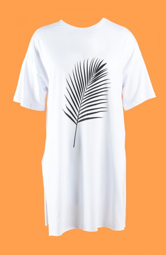 Baskılı Uzun Tshirt 7021-02 Beyaz