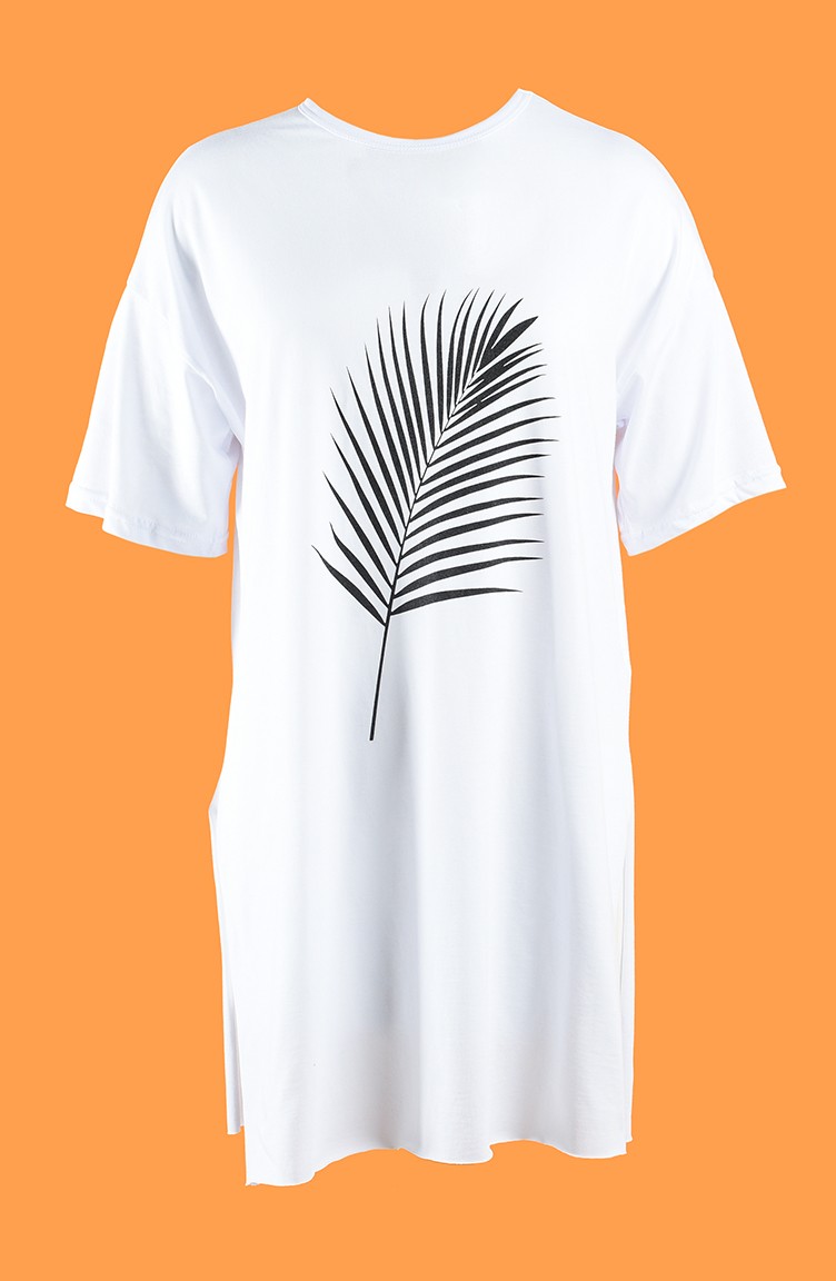 Baskılı Uzun Tshirt 7021-02 Beyaz