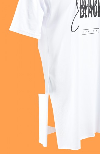Baskılı Uzun Tshirt 7022-02 Beyaz
