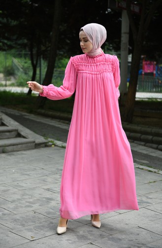 Drapeli Şifon Abiye Elbise 8127-09 Pembe