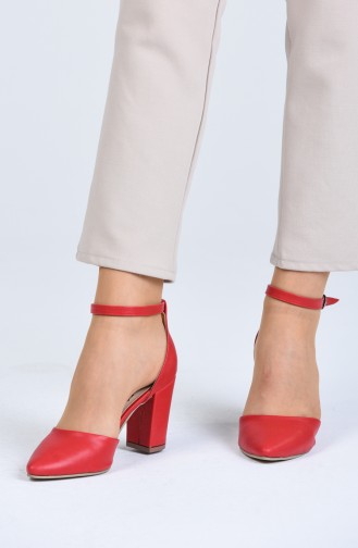 Bayan Bantlı Topuklu Ayakkabı 1101-07 Kırmızı Cilt