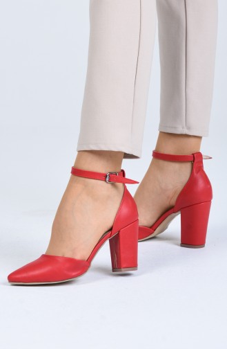 Bayan Bantlı Topuklu Ayakkabı 1101-07 Kırmızı Cilt