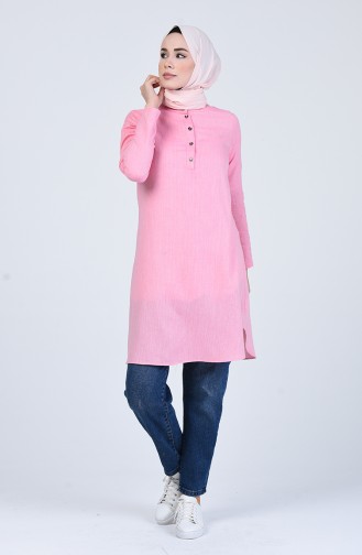 Yarım Patlı Düğmeli Tunik 3178-02 Pembe