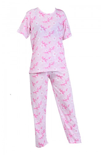 Desenli Kısa Kol Pijama Takım 6001-01 Gül Kurusu