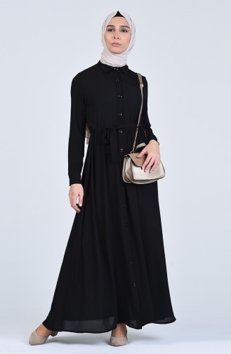 Boydan Düğmeli Kuşaklı Elbise 0006-01 Siyah