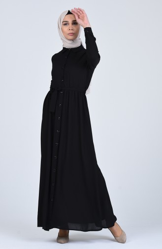 Boydan Düğmeli Kuşaklı Elbise 0006-01 Siyah