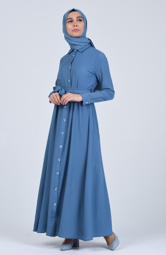 Boydan Düğmeli Kuşaklı Elbise 0006-02 İndigo