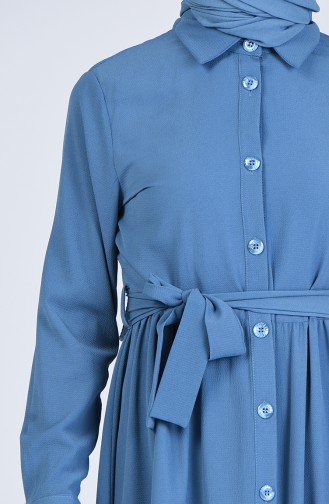 Boydan Düğmeli Kuşaklı Elbise 0006-02 İndigo