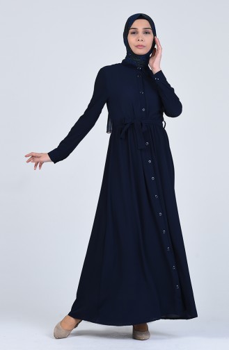 Boydan Düğmeli Kuşaklı Elbise 0006-03 Lacivert