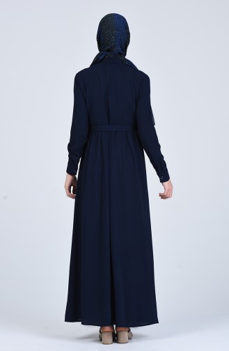 Boydan Düğmeli Kuşaklı Elbise 0006-03 Lacivert
