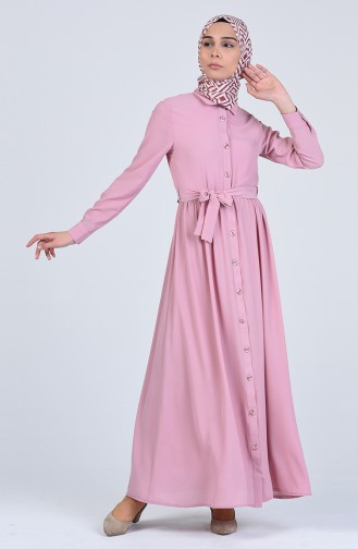 Boydan Düğmeli Kuşaklı Elbise 0006-04 Pudra