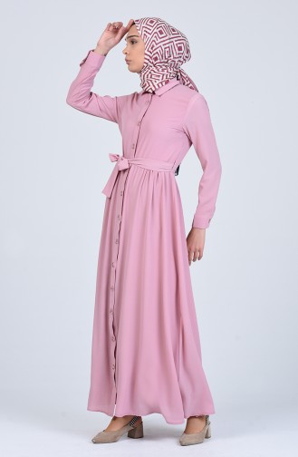 Boydan Düğmeli Kuşaklı Elbise 0006-04 Pudra