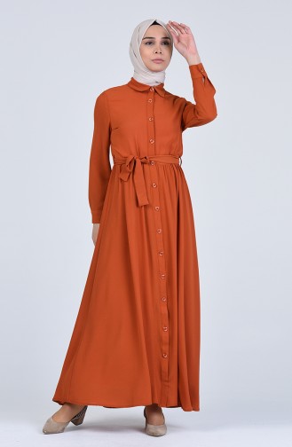 Boydan Düğmeli Kuşaklı Elbise 0006-05 Kiremit