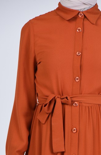 Boydan Düğmeli Kuşaklı Elbise 0006-05 Kiremit