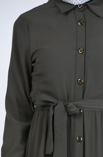Boydan Düğmeli Kuşaklı Elbise 0006-06 Haki Yeşil