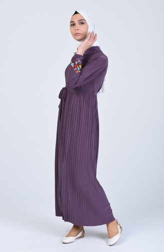 Kolu Nakışlı Sandy Elbise 1012-01 Koyu Lila