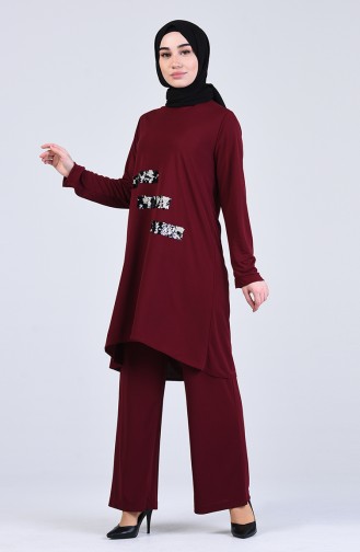 Sequin Detailed Tunic Trousers Double Suit 0042-01 Burgundy 0042-01