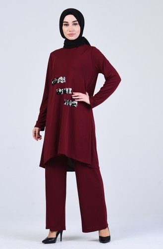 Sequin Detailed Tunic Trousers Double Suit 0042-01 Burgundy 0042-01