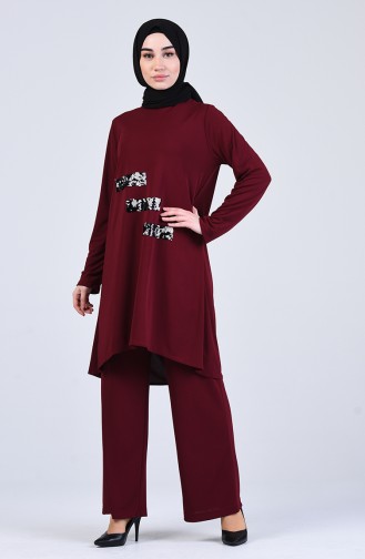 Payet Detaylı Tunik Pantolon İkili Takım 0042-01 Bordo