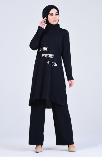 Sequin Detailed Tunic Trousers Double Suit 0042-04 Navy Blue 0042-04