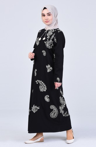 Şile Bezi Desenli Elbise 0044-02 Siyah