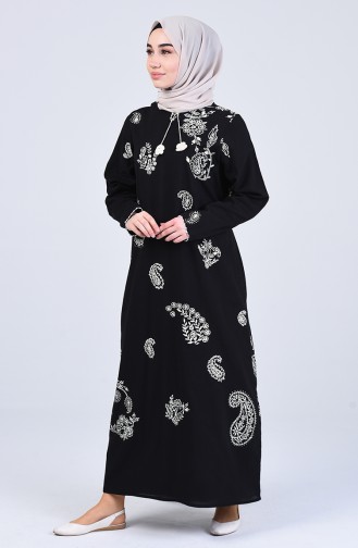 Şile Bezi Desenli Elbise 0044-02 Siyah