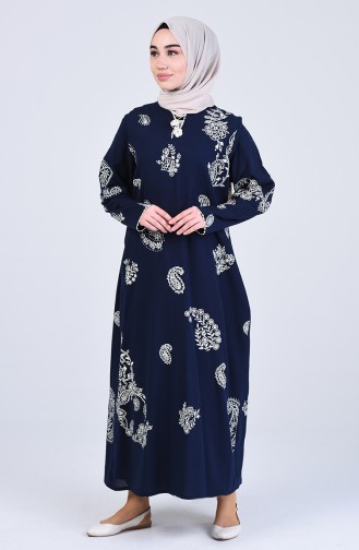 Gemustertes Kleid aus Şile-Stoff 0044-03 Dunkelblau 0044-03