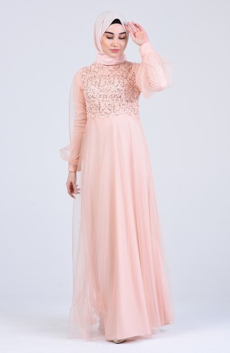 Sequined Tulle Evening Dress 5007-01 Salmon 5007-01