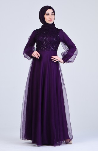 Sequined Tulle Evening Dress 5007-02 Purple 5007-02