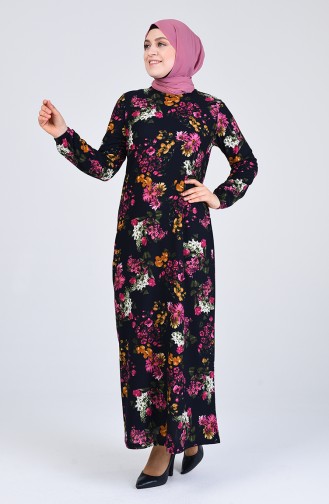 Plus Size Floral Print Dress 8869-06 Navy Blue 8869-06