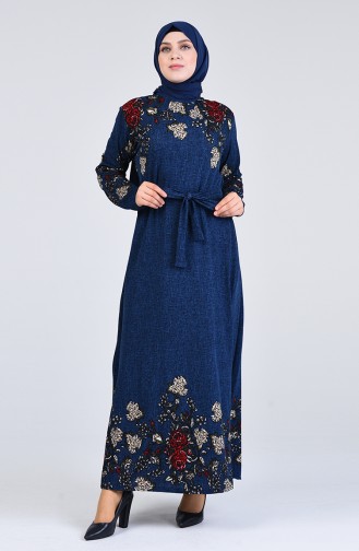 Büyük Beden Çiçek Desenli Elbise 7000-01 Saks