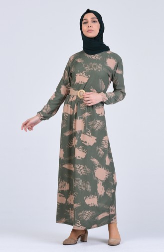 Desenli Kemerli Elbise 1020-03 Çağla Yeşili