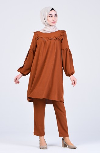 Balloon Sleeve Ruffled Tunic Trousers Double Suit 5761-08 Tobacco 5761-08