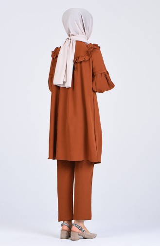 Balloon Sleeve Ruffled Tunic Trousers Double Suit 5761-08 Tobacco 5761-08