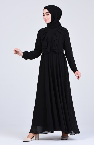 Fırfırlı Şifon Elbise 4297-01 Siyah